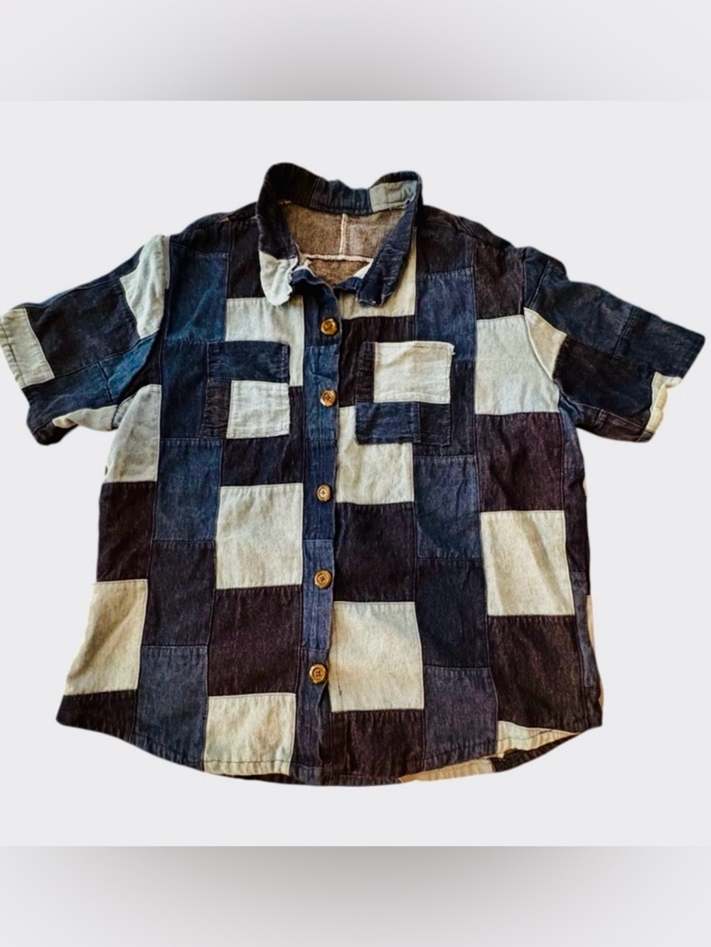 Patchwork Short Sleeve Two-Tone Denim Button-Up Shirt